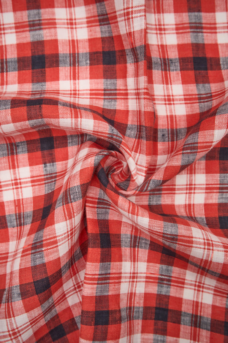 ОТРЕЗ 1,5м (КЛЕТКА 100% ЛЁН КРАСНО-БЕЛЫЙ-СИНИЙ 185гр  150см)