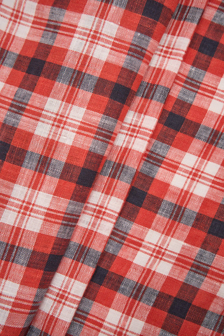 ОТРЕЗ 1,5м (КЛЕТКА 100% ЛЁН КРАСНО-БЕЛЫЙ-СИНИЙ 185гр  150см)