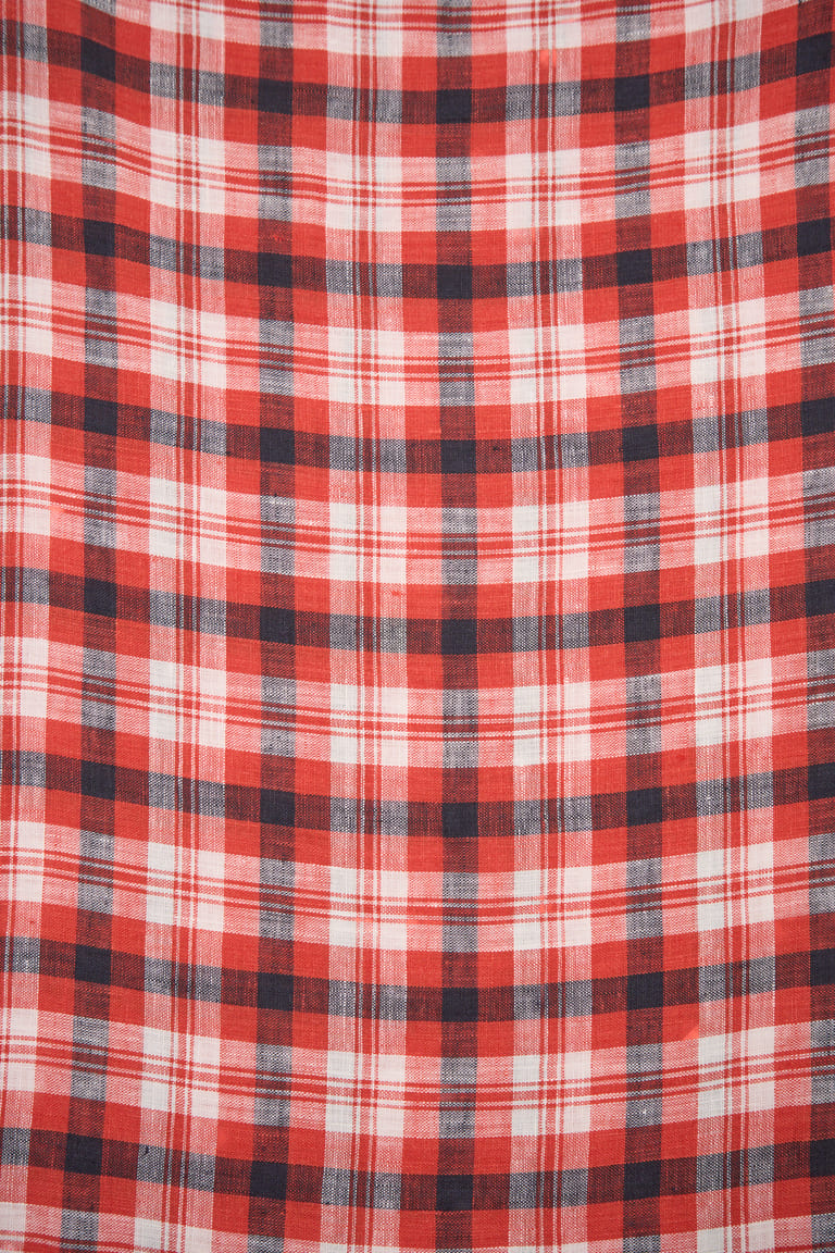 ОТРЕЗ 1,5м (КЛЕТКА 100% ЛЁН КРАСНО-БЕЛЫЙ-СИНИЙ 185гр  150см)